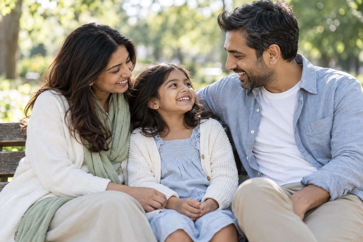 Illustrative lifestyle photograph of South Asian parents and their young daughter sharing a happy moment outdoors.