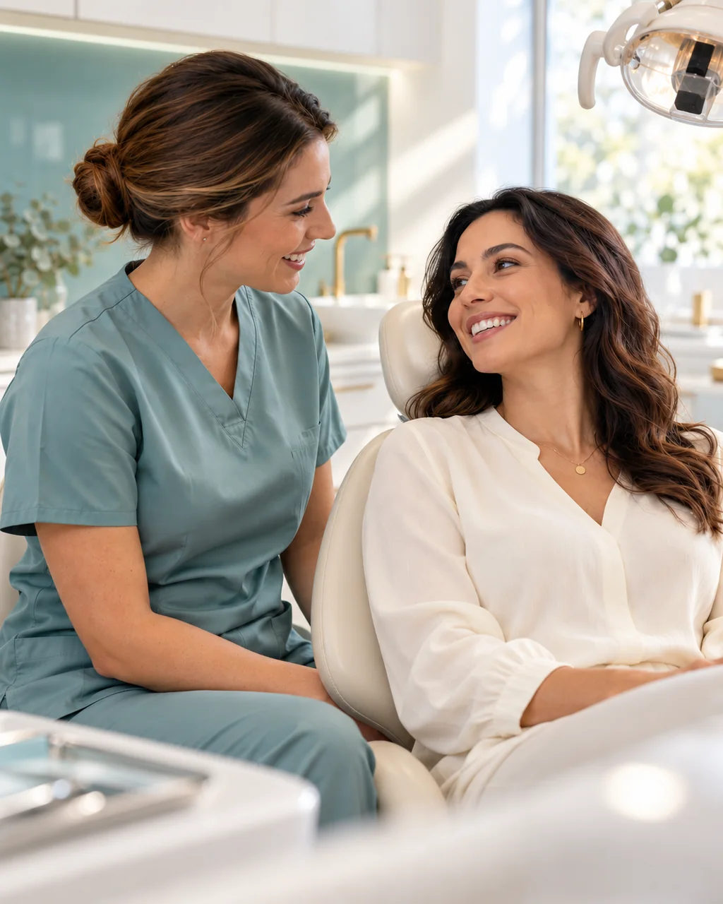 AI-generated dental consultation scene with a smiling adult and a clinician in sea-glass teal scrubs.