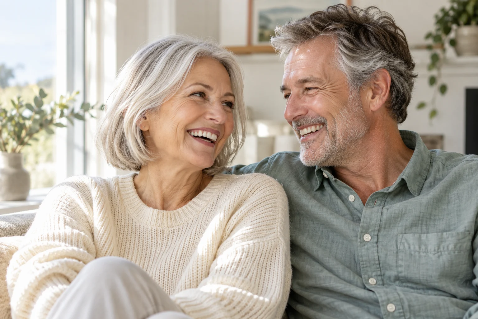 Illustrative lifestyle photograph of an older couple laughing together beside a sunlit window.