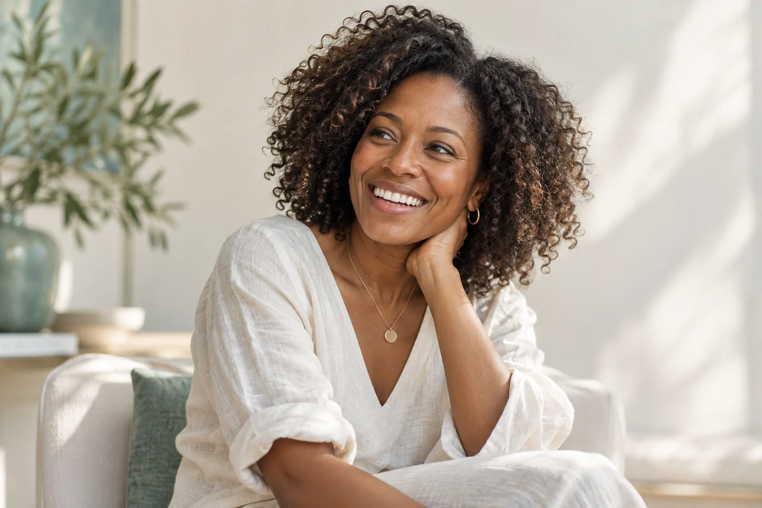 Illustrative lifestyle portrait of a Black woman sharing a relaxed, natural smile in daylight.