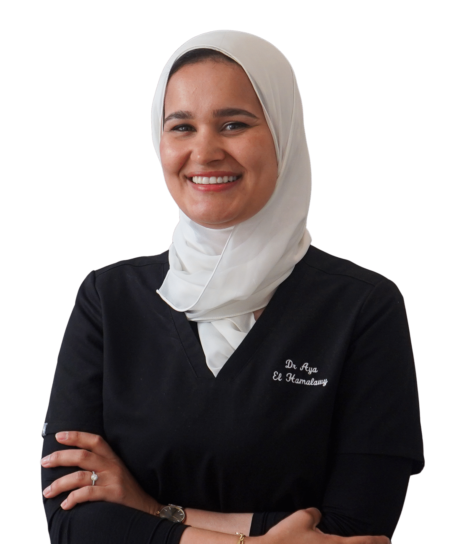 Dr. Ayah El Hamalawy, smiling in her clinical uniform.