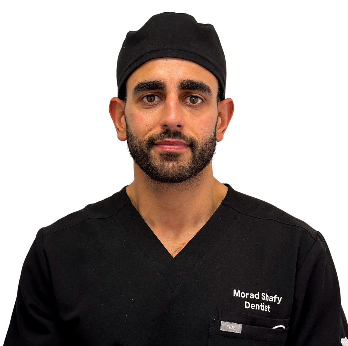 Dr. Morad Shafi in his dental scrubs.