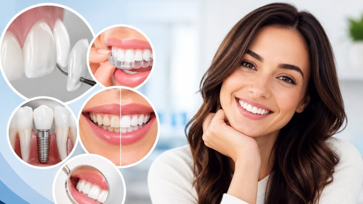Illustrative smile portrait beside small diagrams of cosmetic and restorative dental options.