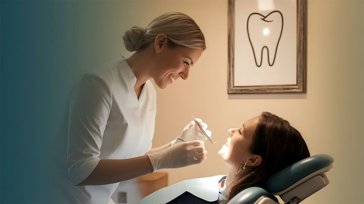 Illustrative dental appointment with a clinician and an adult in a dental chair.