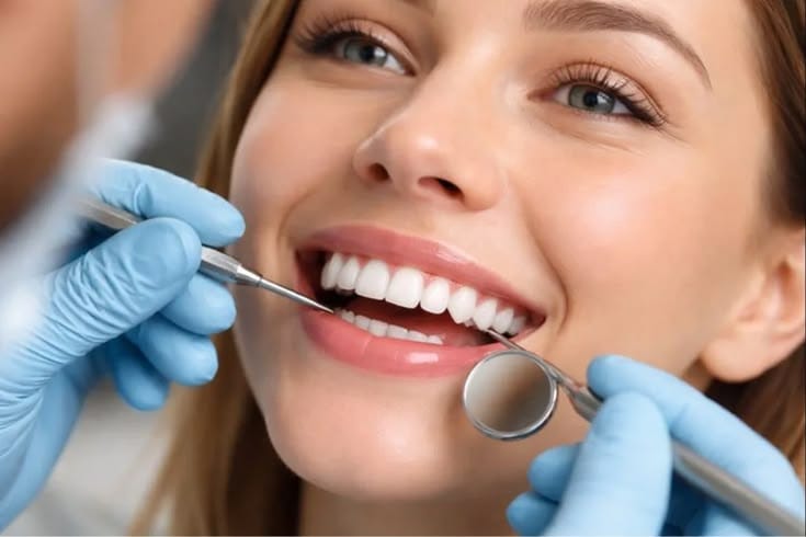 Illustrative close-up of an adult smiling during a dental examination.