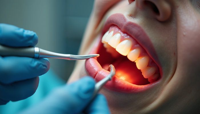 Illustrative close-up of a dental cleaning with gloved hands and instruments.